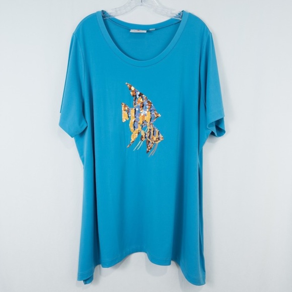 Quacker Factory Sequin Tropical Fish Short Sleeve Tunic Top Size 2X Blue Stretch